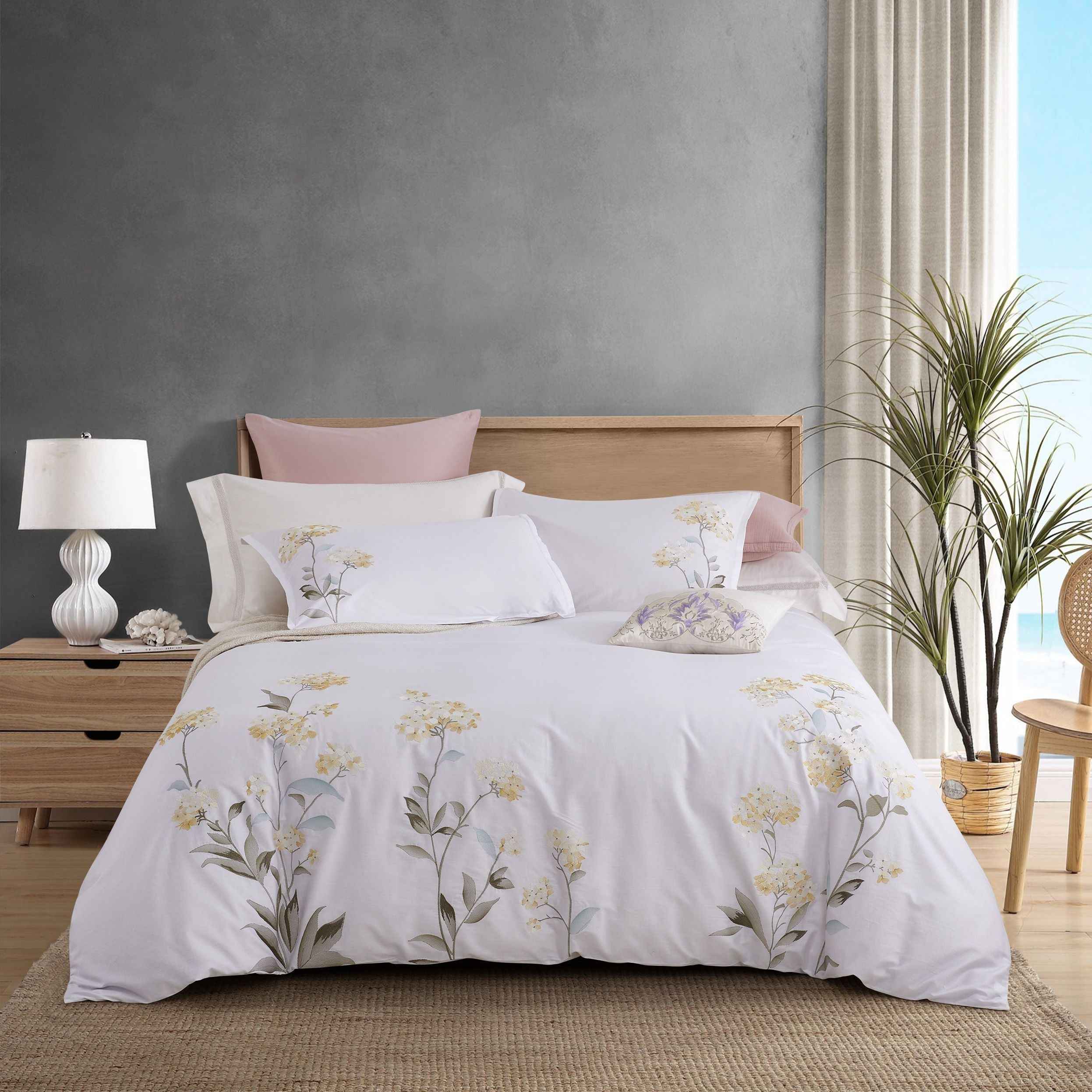 Hydrangea 100% Cotton Embroidered Duvet Cover Set