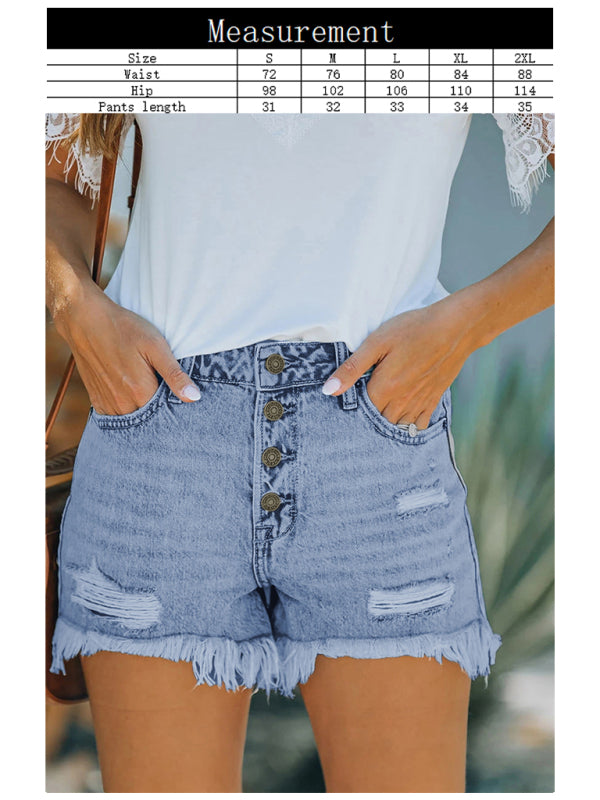 Women's Shorts Mid Waist Buttoned Jeans Washed Ripped Denim Shorts