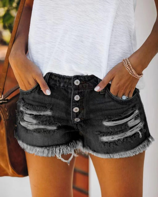 Women's Straight-breasted ripped fringed denim shorts