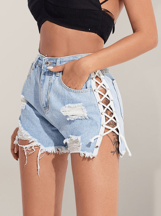 Women's Casual Sexy Lace-up Ripped Denim Shorts