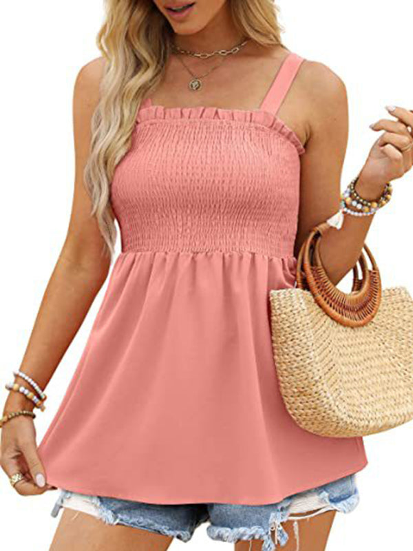 Women's Solid Color Camisole Ruffle Pleated Tank Top