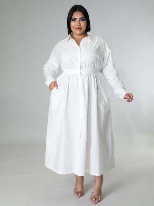 plus size women's solid color long-sleeved shirt dress