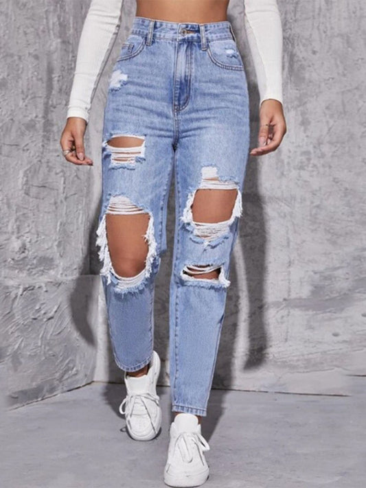 Women's washed ripped high waist straight trousers