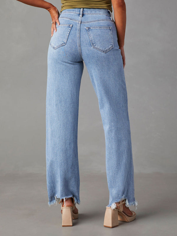 Ladies Loose Casual Fashion Simple Tassel Straight Jeans