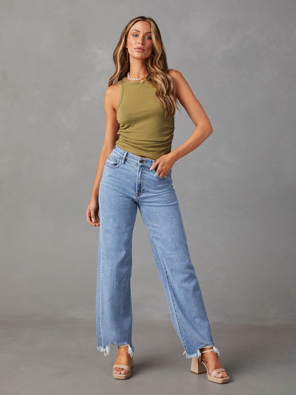 Ladies Loose Casual Fashion Simple Tassel Straight Jeans