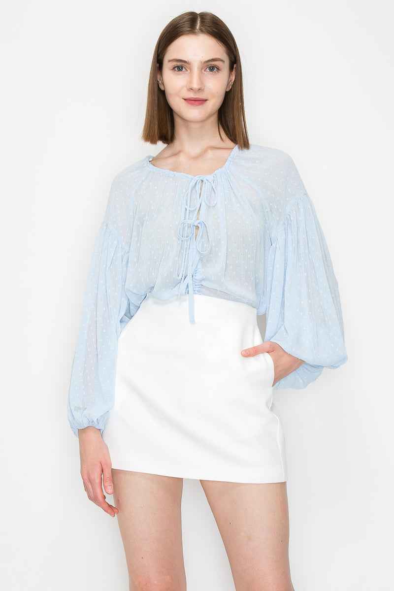 Long sleeve dots jacquard chiffon blouse top