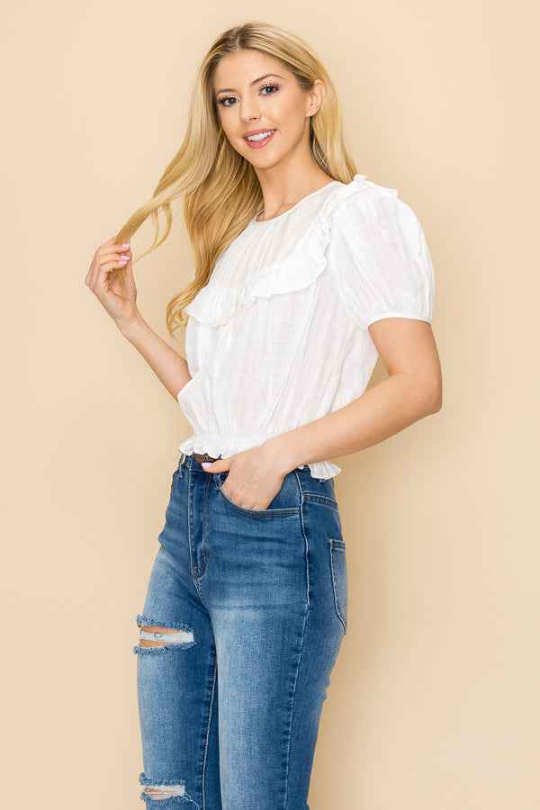 Ruffle crop top with puff sleeve and an open back design
