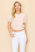 Ruffle crop top with puff sleeve and an open back design
