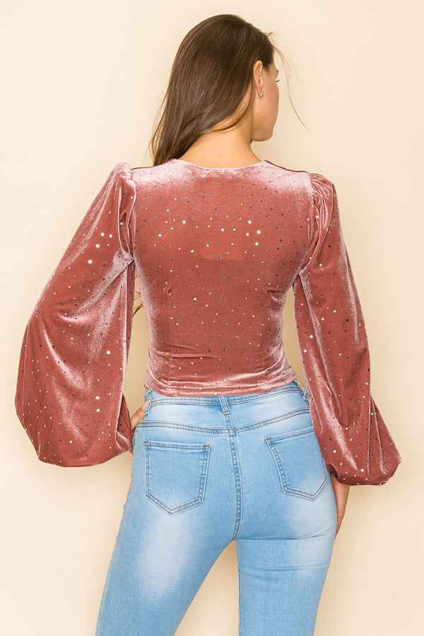 METALLIC VELVET RUCHED FRONT BLOUSE
