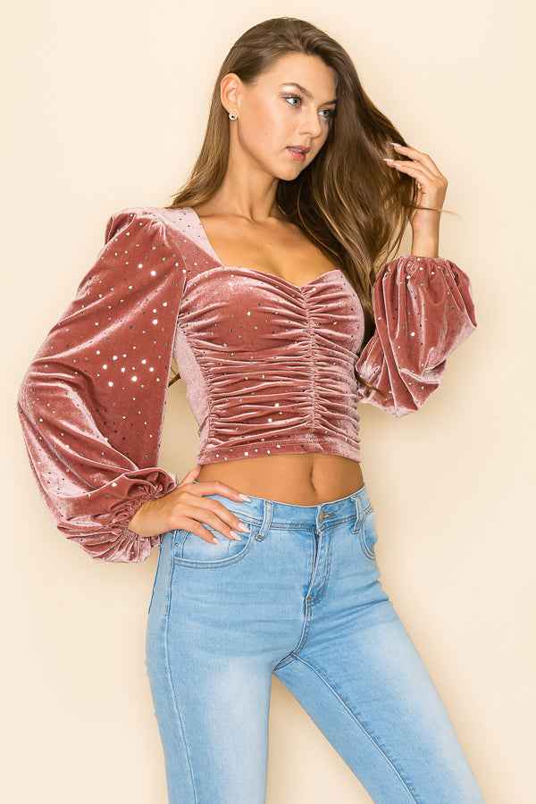 METALLIC VELVET RUCHED FRONT BLOUSE