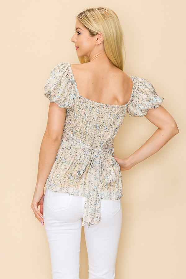 Smocked back ditsy floral print