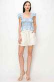 Flounced cap sleeves and hem floral print top
