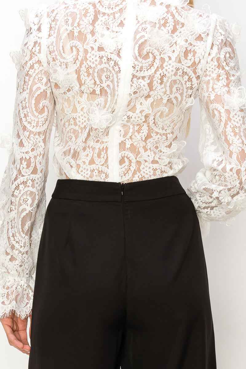 Long sleeve mock neck butterfly lace blouse