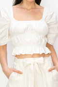 Cotton Square neck puff sleeve smocked crop top