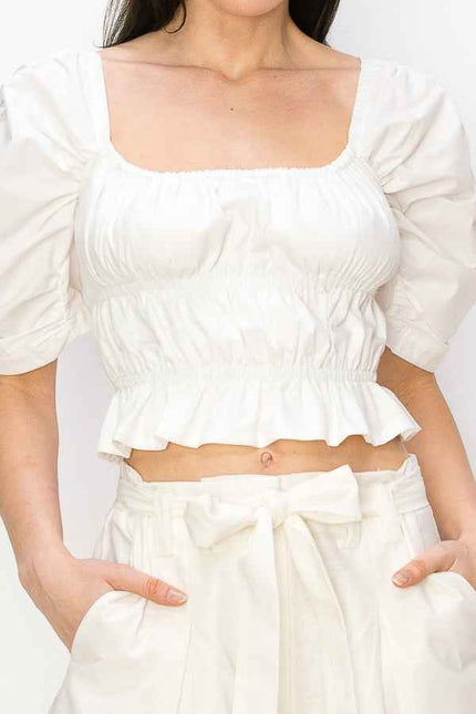 Cotton Square neck puff sleeve smocked crop top