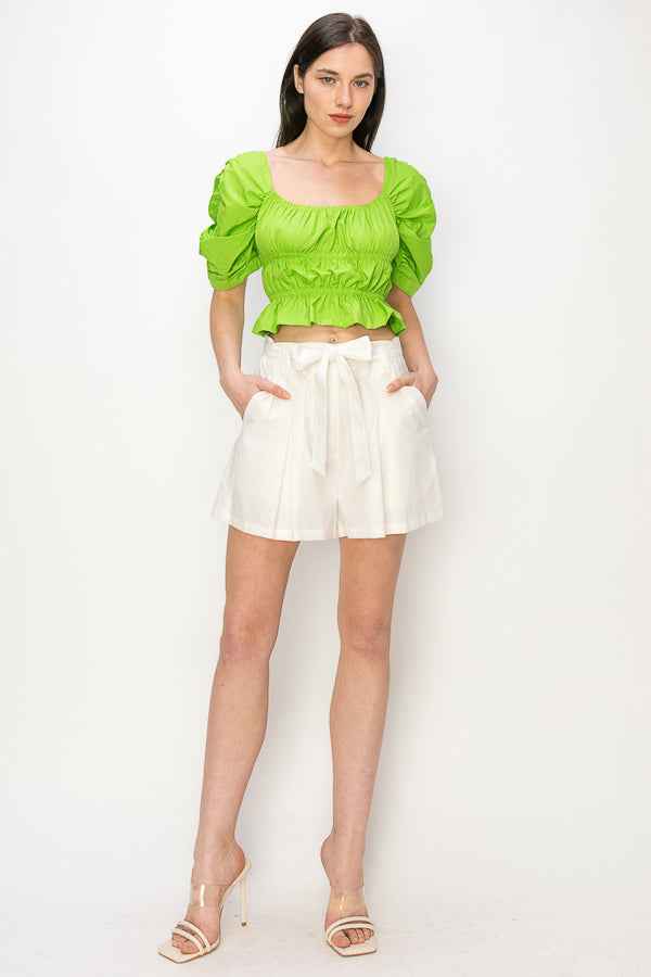 Cotton Square neck puff sleeve smocked crop top