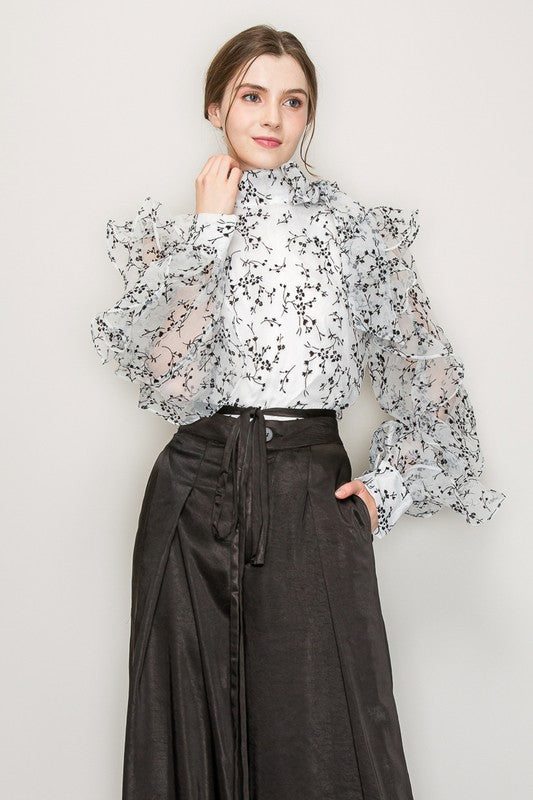 High Neck Floral Print Frilled Long Sleeve Blouse
