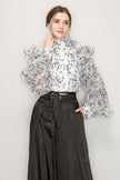 High Neck Floral Print Frilled Long Sleeve Blouse