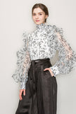 High Neck Floral Print Frilled Long Sleeve Blouse