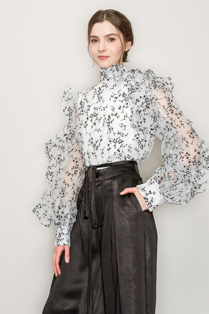 High Neck Floral Print Frilled Long Sleeve Blouse
