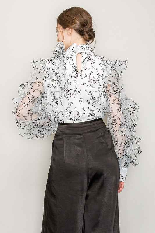 High Neck Long Sleeve Floral Print Frilled Blouse