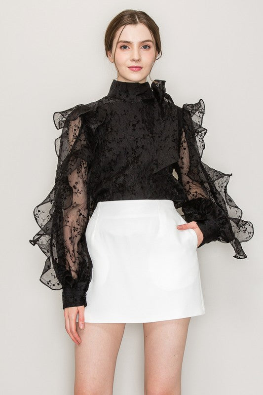 High Neck Floral Print Frilled Long Sleeve Blouse