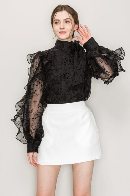 High Neck Floral Print Frilled Long Sleeve Blouse