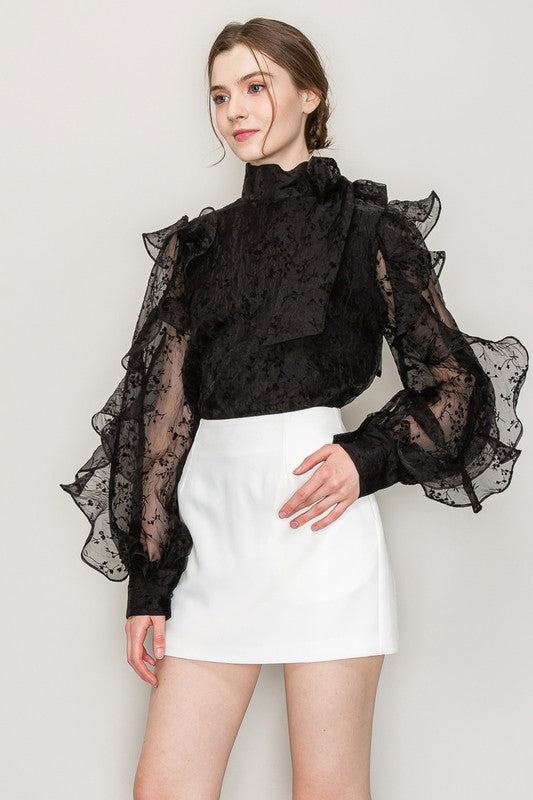 High Neck Floral Print Frilled Long Sleeve Blouse