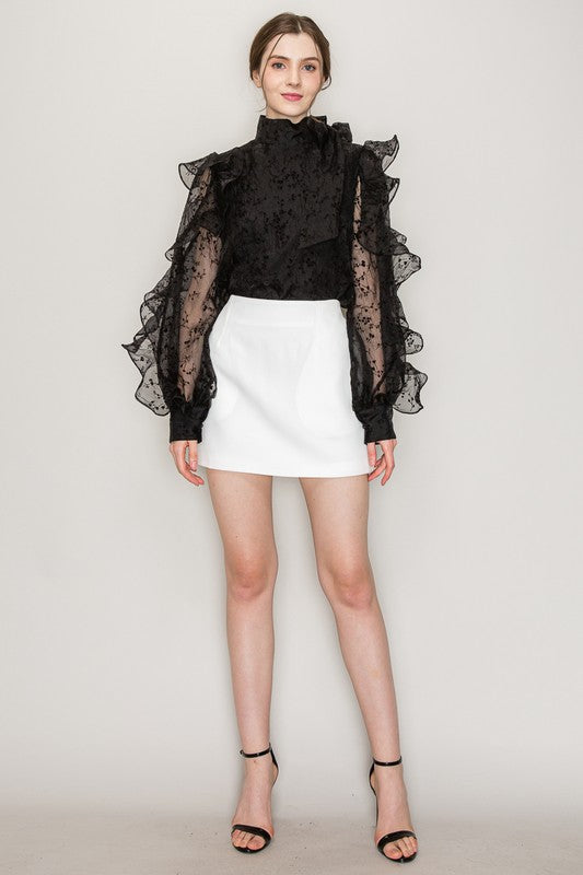 High Neck Floral Print Frilled Long Sleeve Blouse