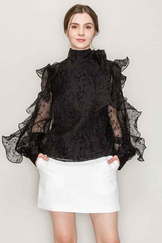 High Neck Long Sleeve Floral Print Frilled Blouse
