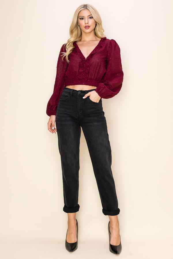 Long Puff Sleeves Ruffle V-Neck Crop Top