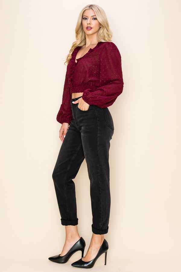 Long Puff Sleeves Ruffle V-Neck Crop Top