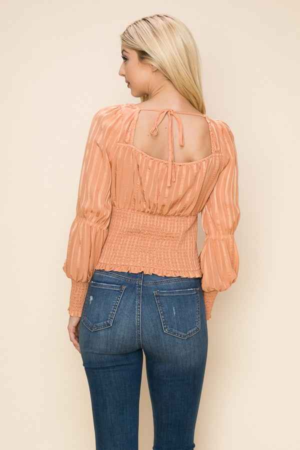 Square Neck Long Sleeve Waist Smocking Stripe Satin Top