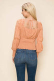 Square Neck Long Sleeve Waist Smocking Stripe Satin Top