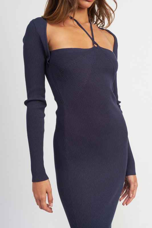 Emory Park long sleeve halter maxi dress in navy with a figure-hugging fit and stylish design