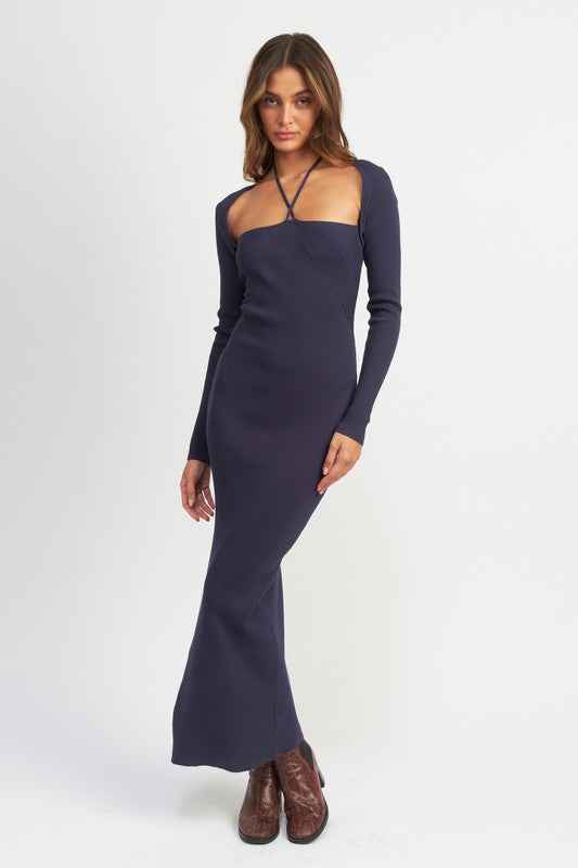 Emory Park long sleeve halter maxi dress in dark navy with a fitted silhouette and stylish neckline