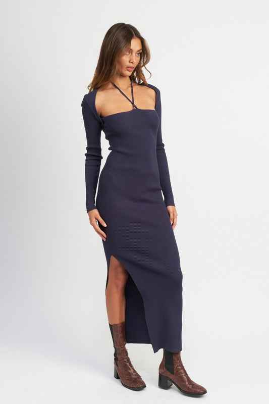Emory Park long sleeve halter maxi dress in navy blue with side slit and fitted design