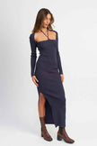 Emory Park long sleeve halter maxi dress in navy blue with side slit and fitted design