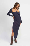Emory Park long sleeve halter maxi dress in navy blue with a side slit and figure-hugging fit