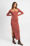 Emory Park long sleeve halter maxi dress in rust color with a side slit for a stylish look