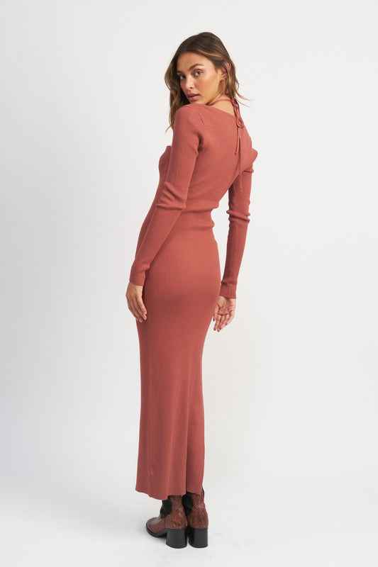 Emory Park long sleeve halter maxi dress in rust with a fitted silhouette and back tie detail