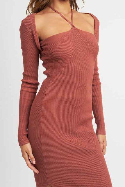 Emory Park long sleeve halter maxi dress in rust with ribbed texture for a stylish look