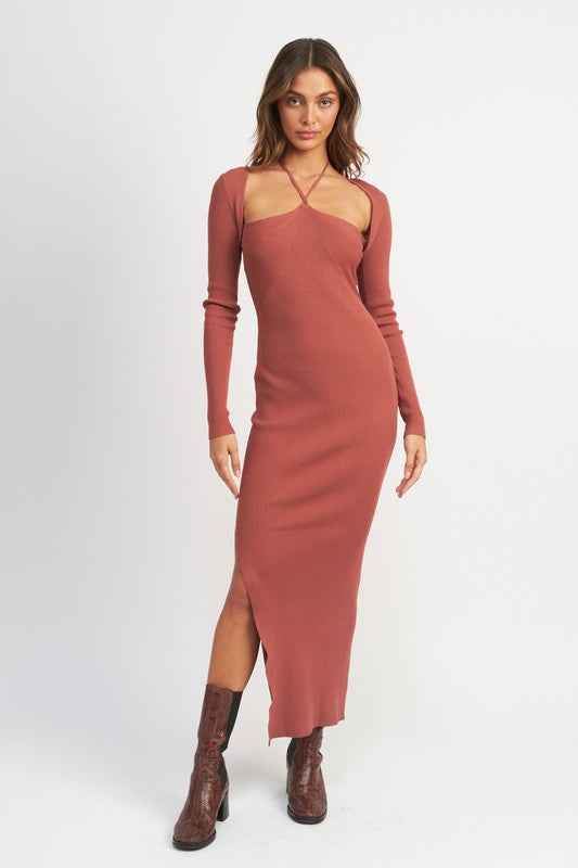 Emory Park long sleeve halter maxi dress in terracotta color with a fitted design and side slit