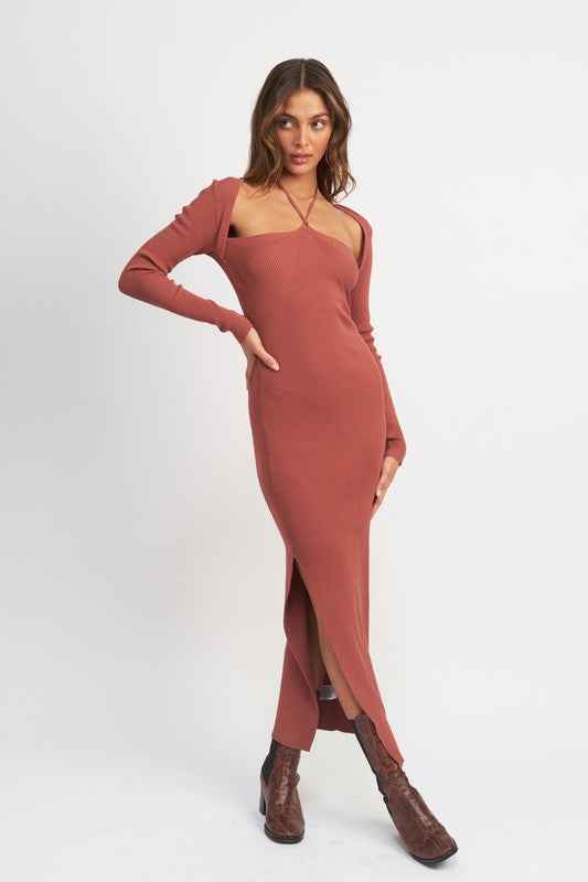 Emory Park long sleeve halter maxi dress in rust color with side slit for a stylish look
