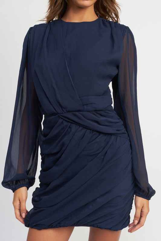 Emory Park long sleeve ruched mini dress in navy with elegant sheer sleeves and a stylish fit