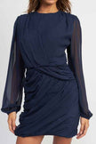 Emory Park long sleeve ruched mini dress in navy with elegant sheer sleeves and a stylish fit