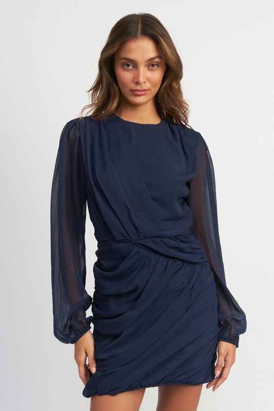 Emory Park long sleeve ruched mini dress in navy with elegant sheer sleeves and stylish draped design