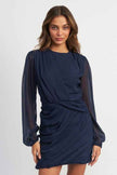 Emory Park long sleeve ruched mini dress in navy with elegant sheer sleeves and stylish draped design