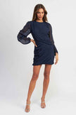 Emory Park long sleeve ruched mini dress in navy with elegant puff sleeves and a flattering silhouette