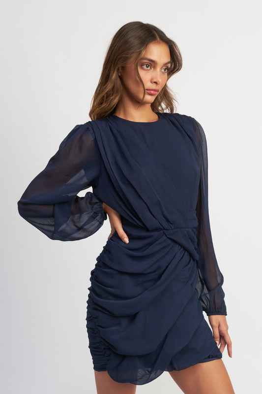 Emory Park long sleeve ruched mini dress in navy with feminine draping and stylish silhouette